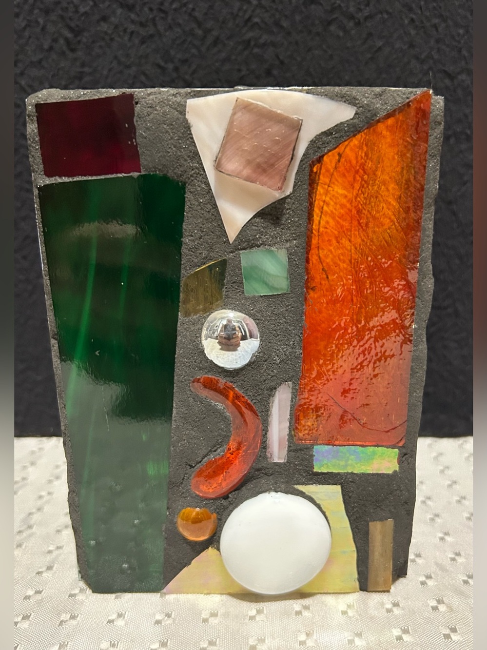 Handcrafted Abstract Mosaic Art Piece Embedded Colored Glass Stone Candle Holder